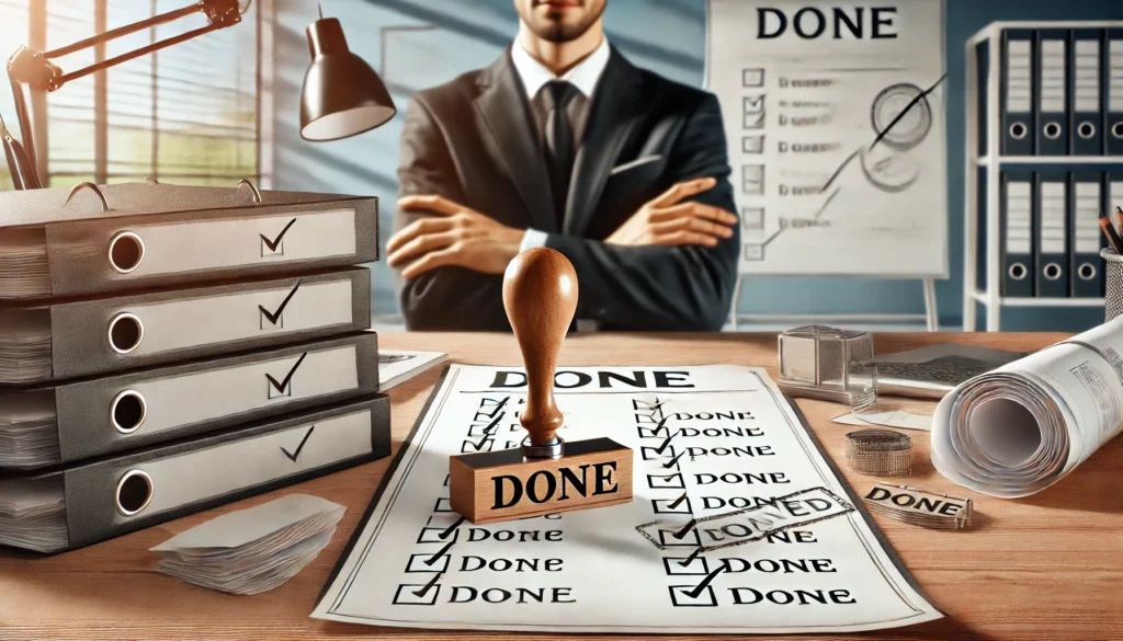 DALL·E 2024-11-23 07.25.05 - A professional representation of 'Done' in a project management setting, in a 16_9 aspect ratio. The workspace includes a large checklist with all ite