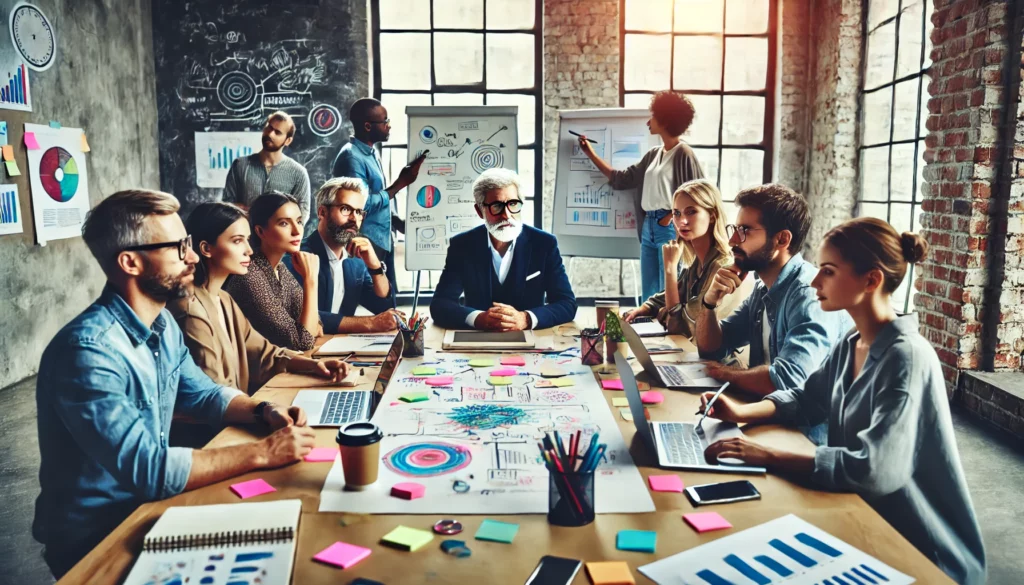 DALL·E 2024-11-23 07.26.25 - A visually stimulating image of a brainstorming session in 16_9 aspect ratio. A group of diverse individuals gathered around a large, modern table, co