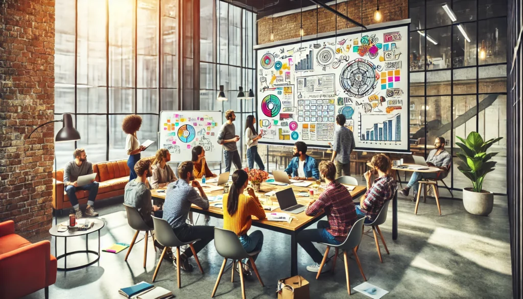 DALL·E 2024-11-23 07.26.31 - A visually stimulating image of a brainstorming session in 16_9 aspect ratio. A group of diverse individuals gathered around a large, modern table, co