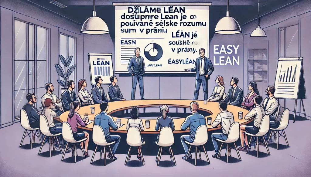 DALL·E 2024-11-23 07.55.31 - An illustration of a meeting room with Honza and Roman standing at the front as presenters. They are presenting on a large screen with no text visible