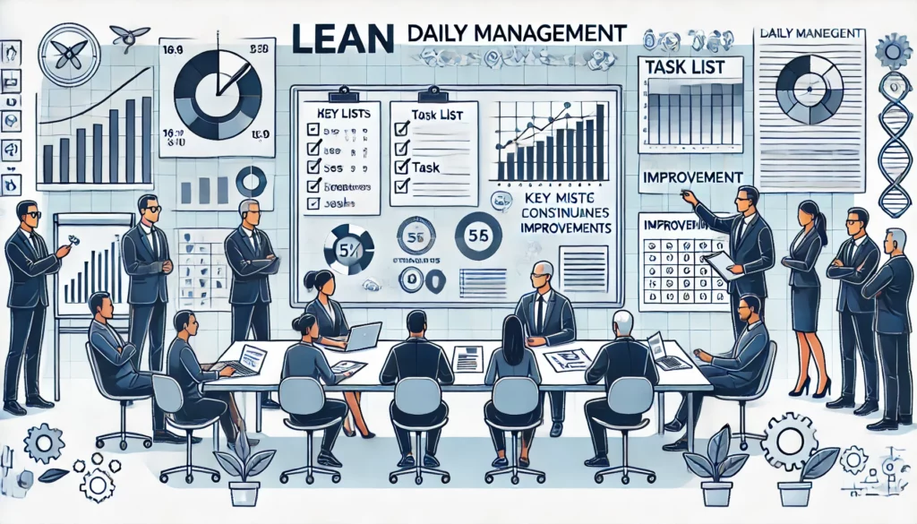 DALL·E 2024-11-24 17.34.54 - An illustration representing Lean Daily Management in a 16_9 aspect ratio. The image shows a professional meeting setting with a small group of team m