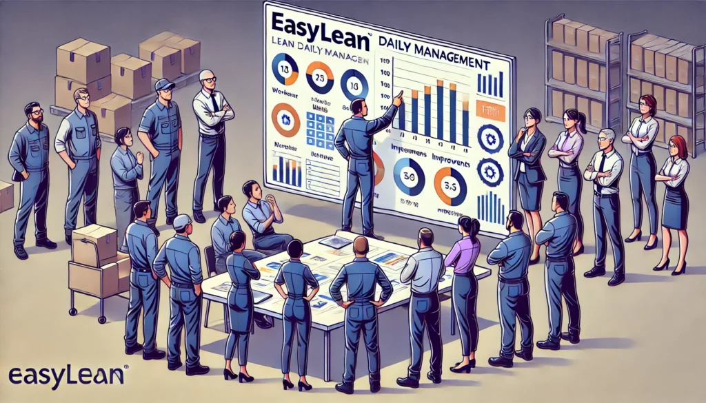 DALL·E 2024-11-24 18.02.13 - An illustration representing Lean Daily Management in a 16_9 aspect ratio. The image features a group of 12 individuals in work uniforms and 5 manager