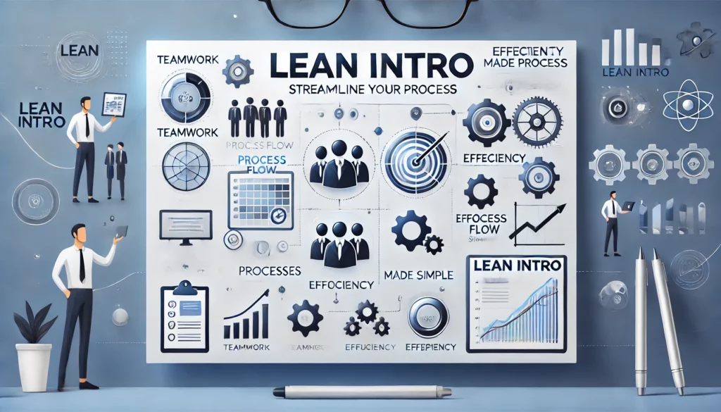 DALL·E 2024-12-08 22.58.08 - A professional and visually engaging graphic for a Lean Intro presentation, formatted in 16_9. The design includes stylized icons of teamwork, process