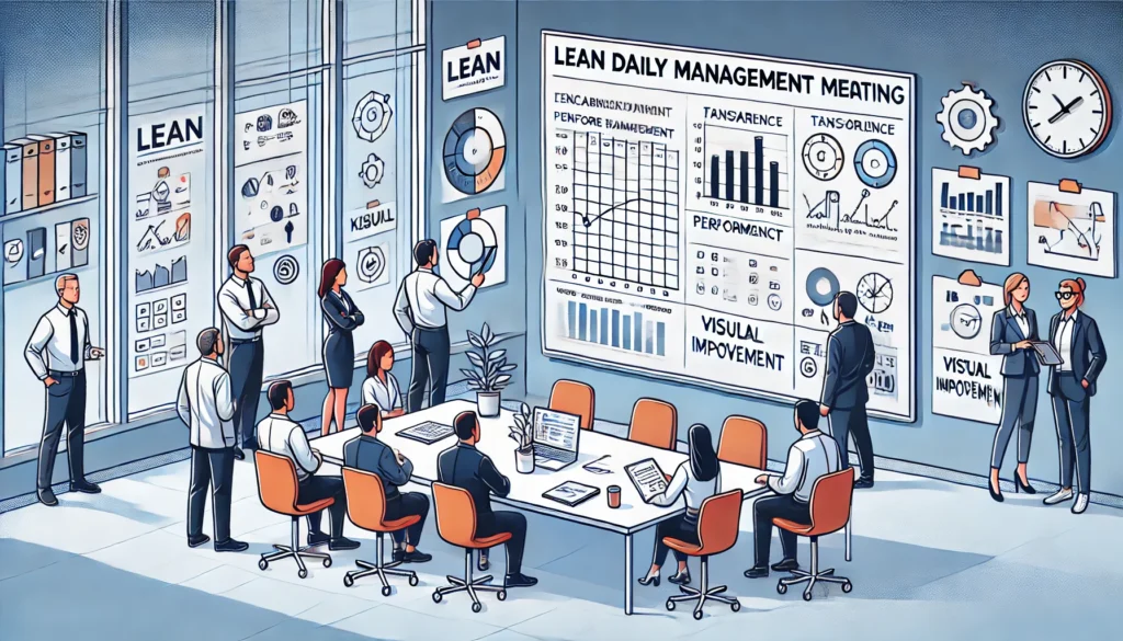 DALL·E 2025-01-26 20.42.27 - An illustration of a Lean Daily Management meeting. A small team of diverse professionals stands around a whiteboard with charts, performance metrics,