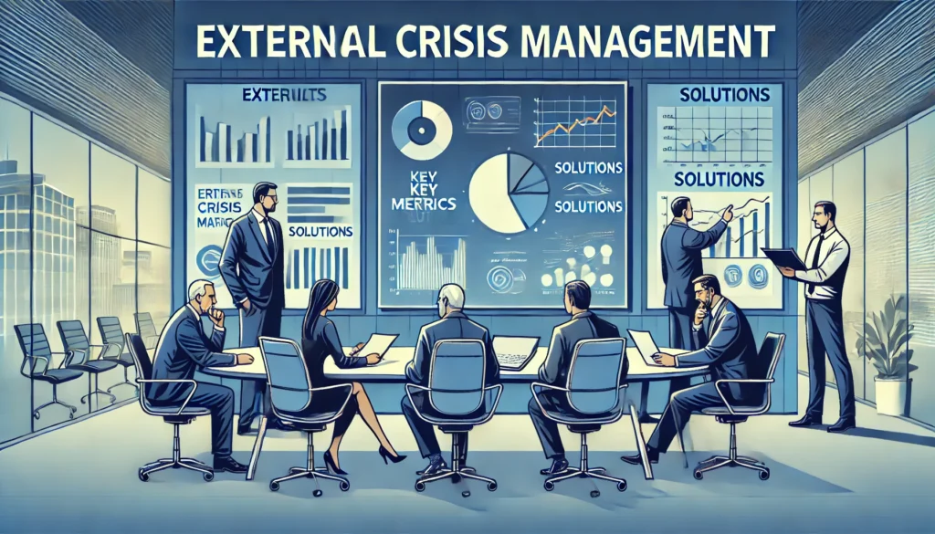 DALL·E 2025-01-26 20.48.53 - A professional illustration depicting external crisis management. A team of experienced consultants working with business leaders in a modern conferen