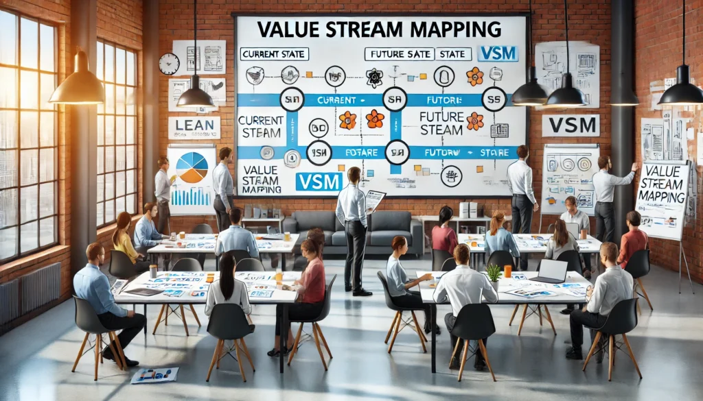 DALL·E 2025-01-26 21.02.37 - A professional illustration of a Value Stream Mapping (VSM) workshop. Participants are gathered in a modern training room, working collaboratively on