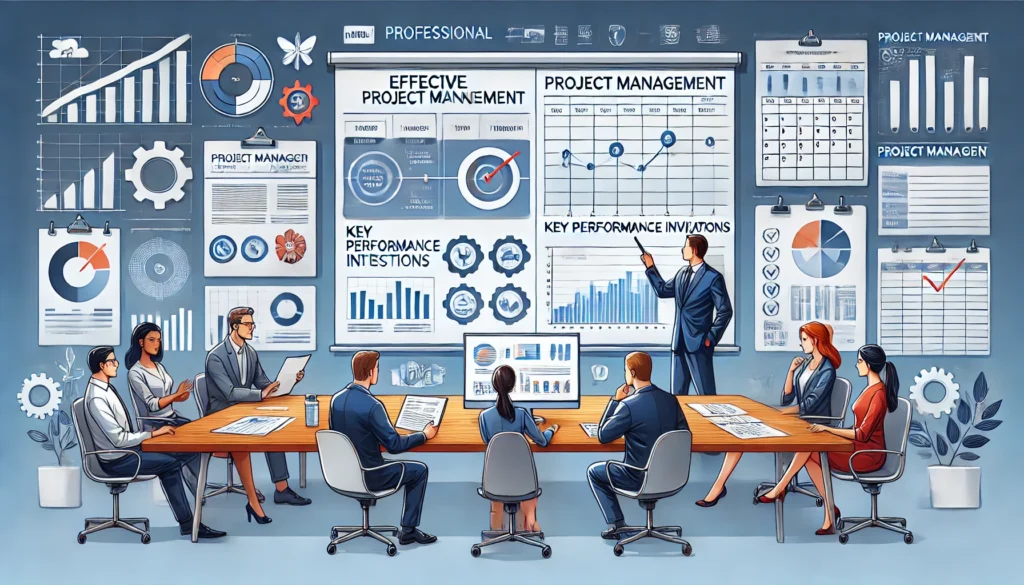 DALL·E 2025-01-26 21.06.20 - A professional illustration depicting effective project management. A project manager is presenting a detailed plan on a large screen, showing timelin